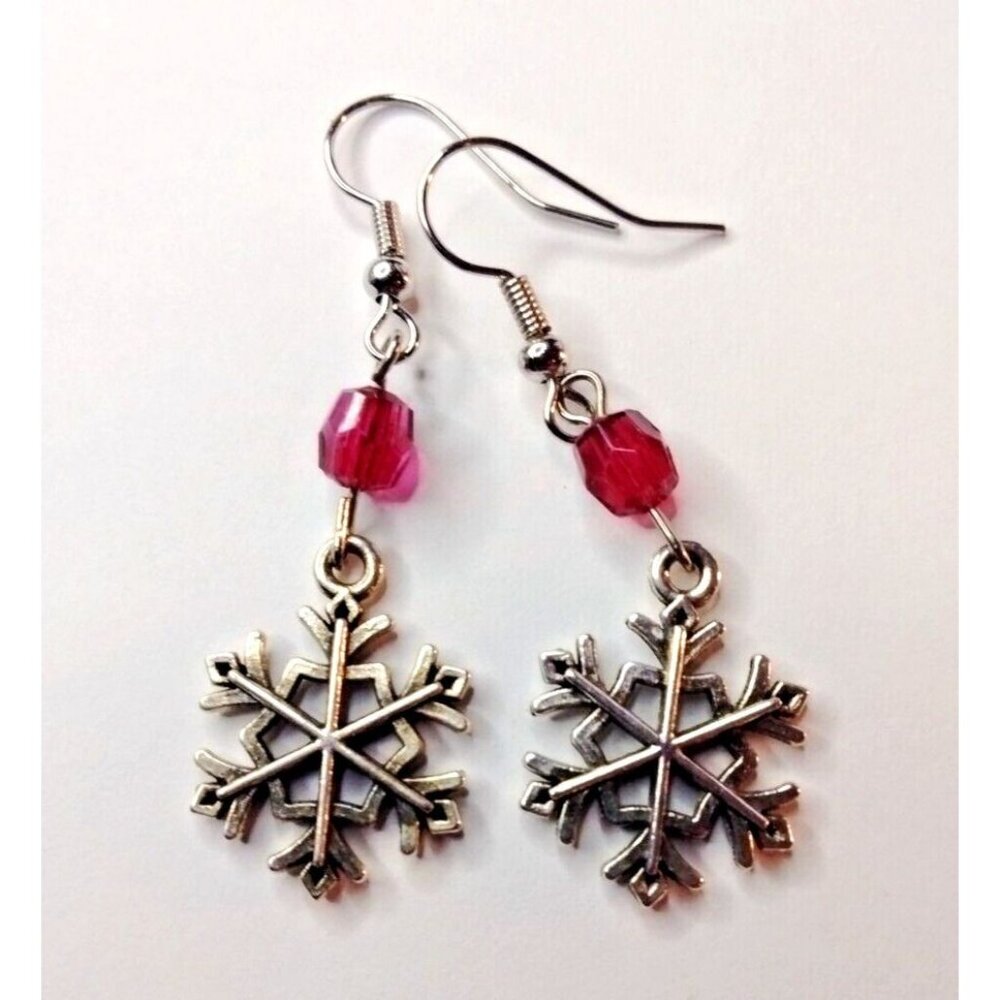 silver snowflake earrings Red crystal cut bead